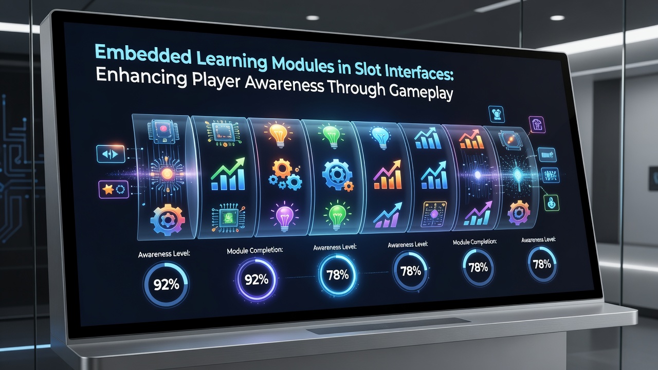 Detailed view of a slot screen showing embedded learning module elements like probability charts and session trackers active during active play