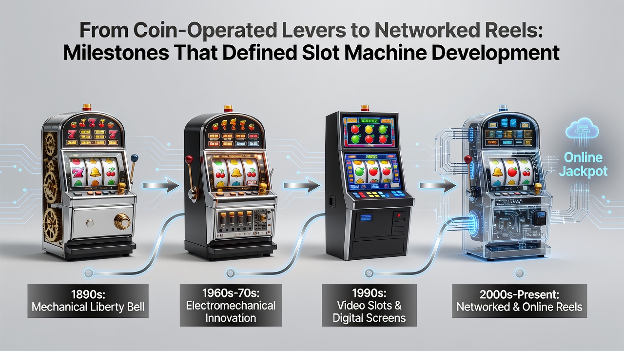 Modern casino floor with rows of digital slot machines connected through central servers and linked progressive displays
