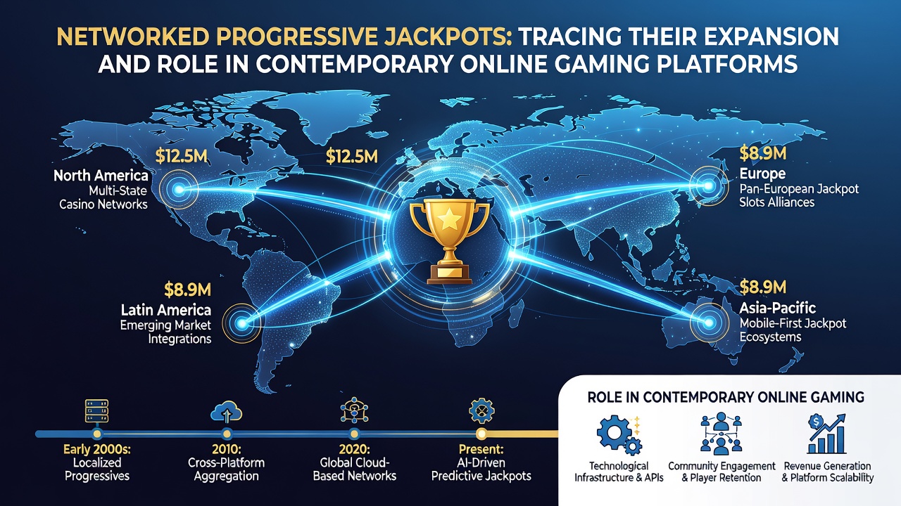 Growth of progressive jackpot networks shown through connected online platforms and player activity metrics